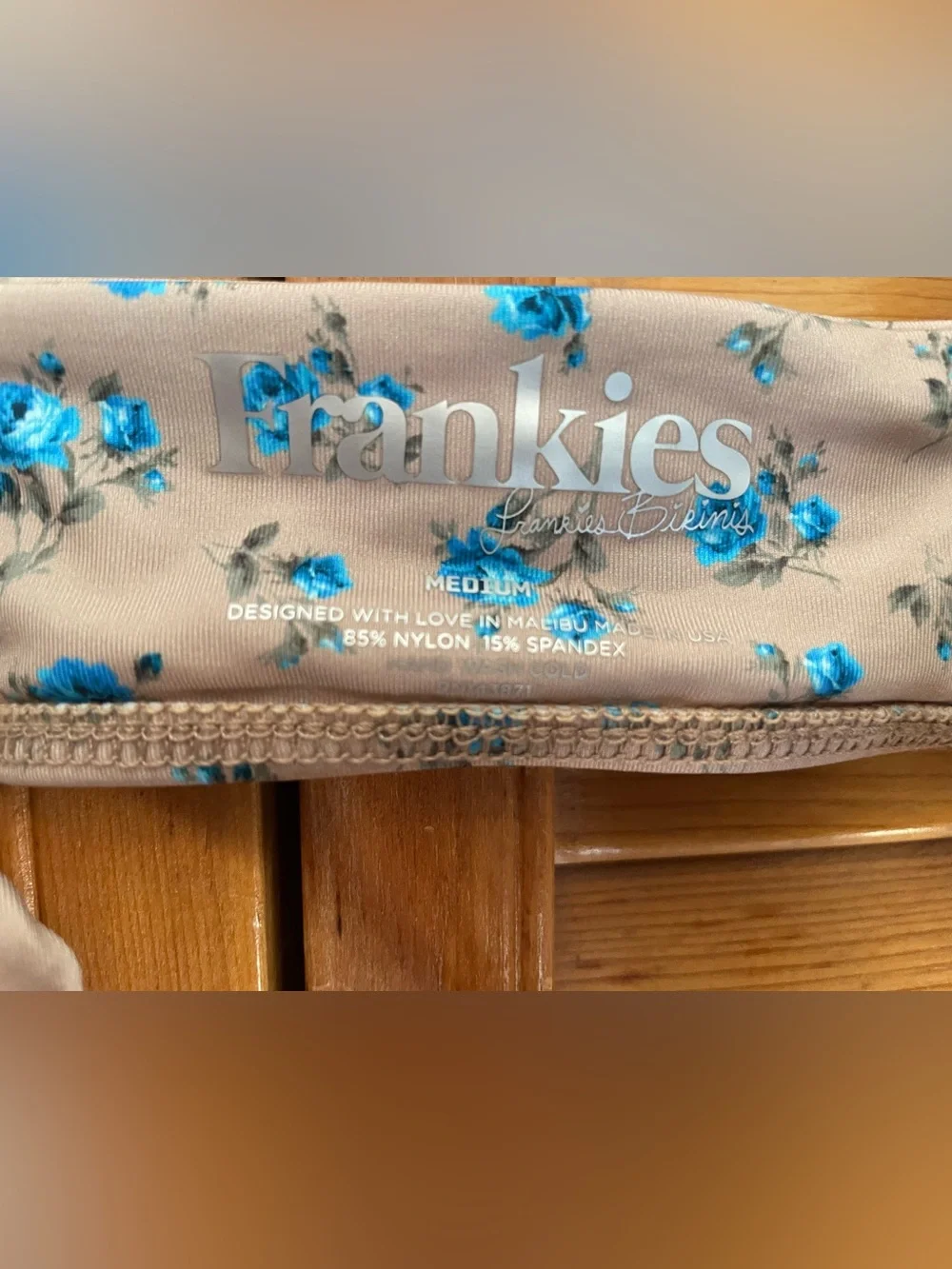 Frankie's Bikinis Ali Top Spring Bloom Beige & Blue Floral Ruffle . M